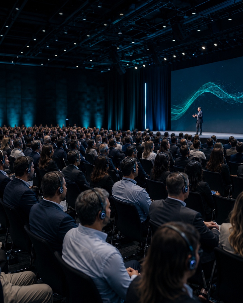 Público em evento corporativo utilizando receptores com fone de ouvido para palestra silenciosa da AudioPro Eventos