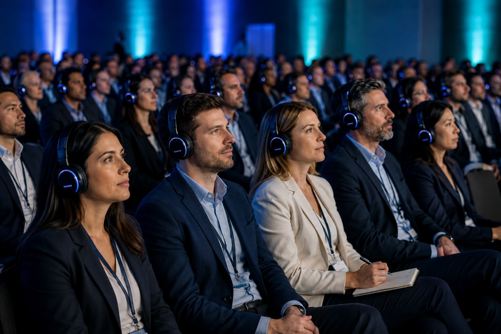 Público em evento corporativo utilizando fones de áudio individual